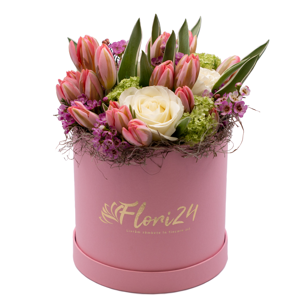 Join procedure Compete Aranjament floral cu trandafiri și lalele în cutie